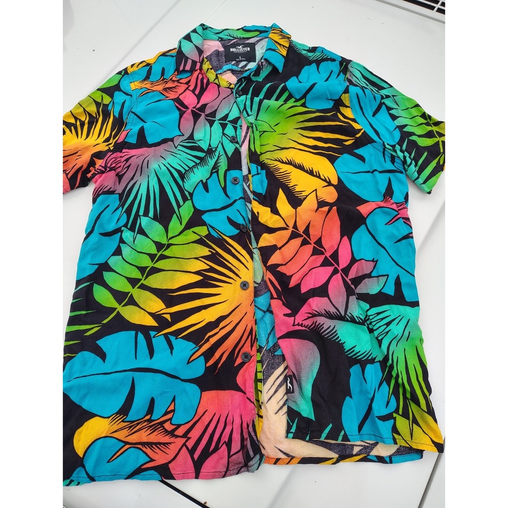 Hollister Mens Neon Tropical Leaf Print Short Sleeve Button Up Shirt Large Black
